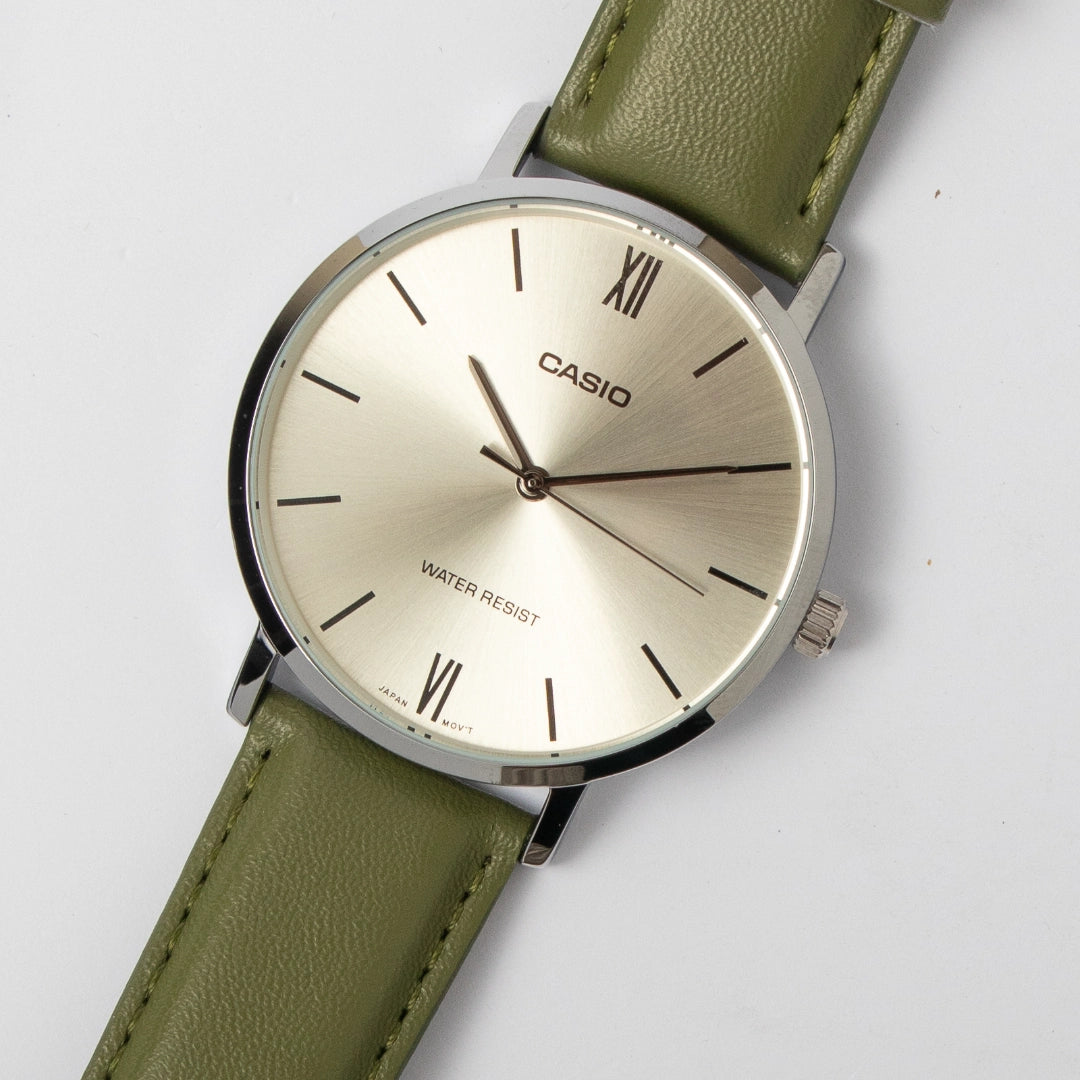 Casio Men’s Champagne Dial Leather Watch MTP-VT01L-3BUDF – Minimalist Olive Strap