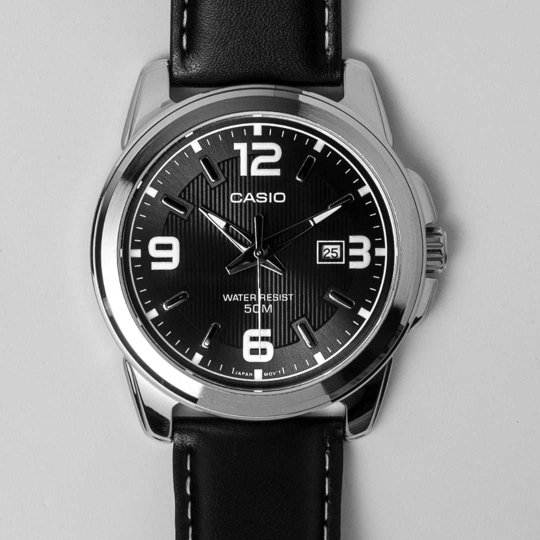 Casio Men's Black Dial Leather Watch MTP-1314L-8AVDF – Date Display, 50M Water Resistance