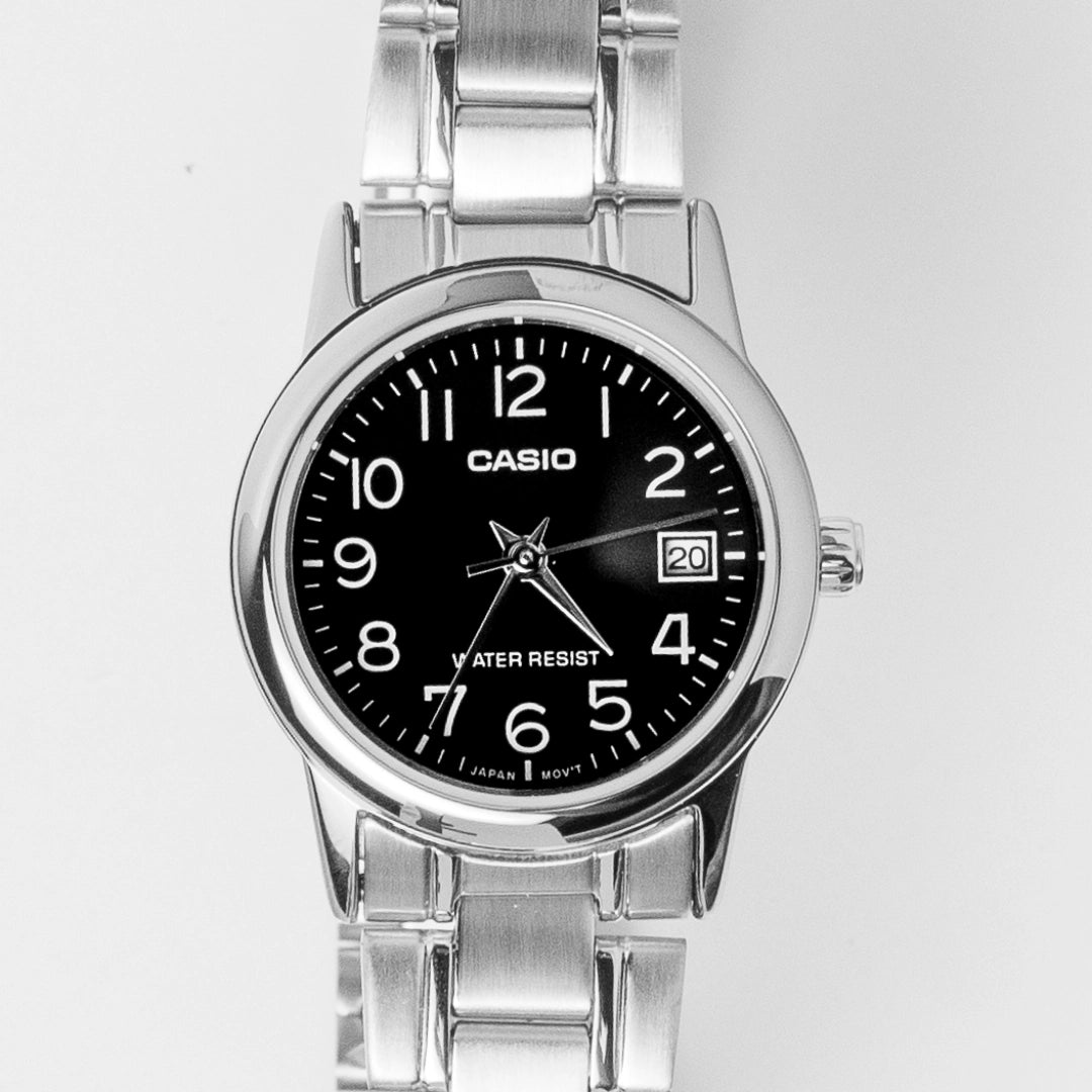 Casio Ladies Stainless Steel Black Dial Watch LTP-V002D-1A – Date Display