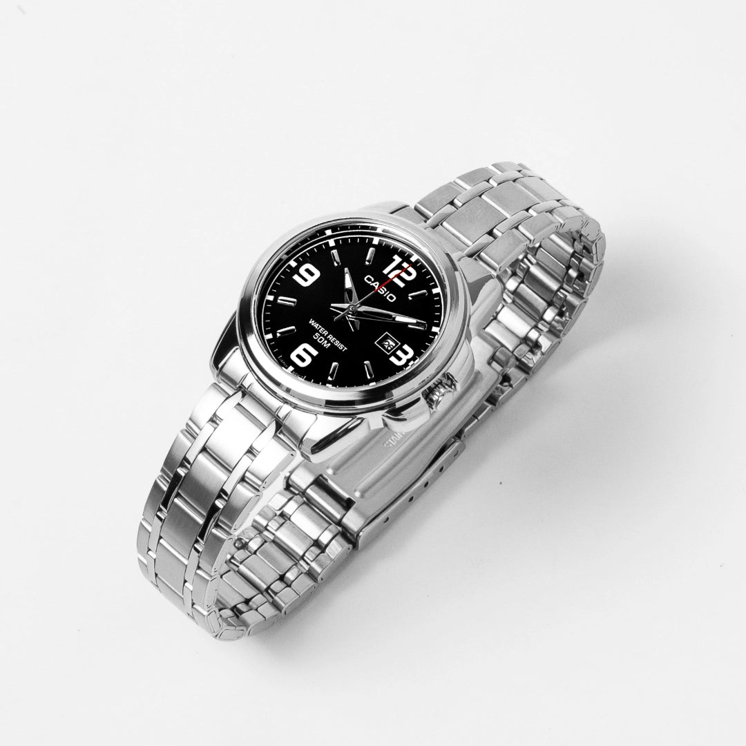 Casio Ladies Stainless Steel Watch LTP-1314D-1AVDF – Black Dial, Date Display, 50M Water Resistant