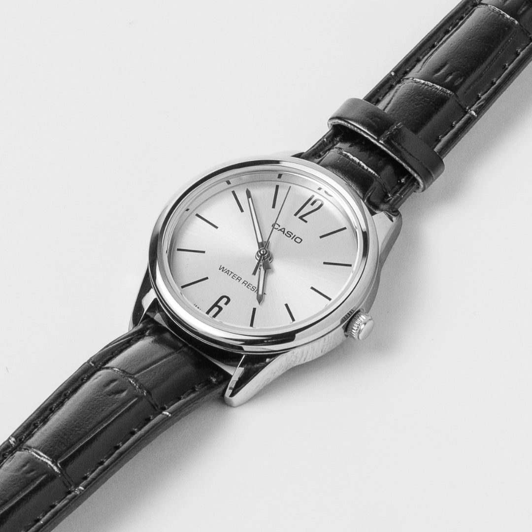 Casio Ladies Silver Dial Leather Watch LTP-V005L-7A – Classic Everyday Style