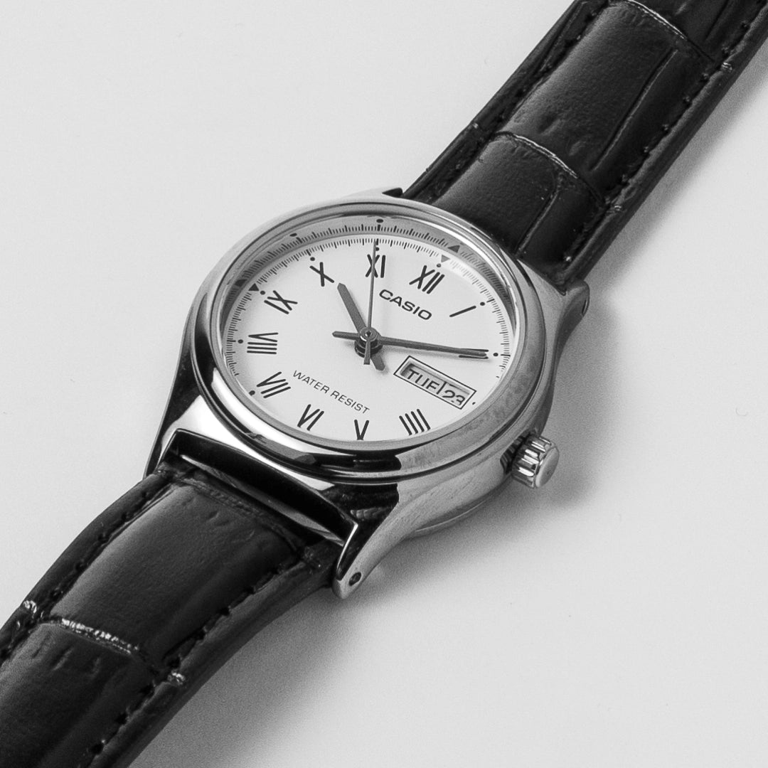 Casio Ladies White Dial Leather Watch LTP-V006L-7B – Day-Date Roman Classic