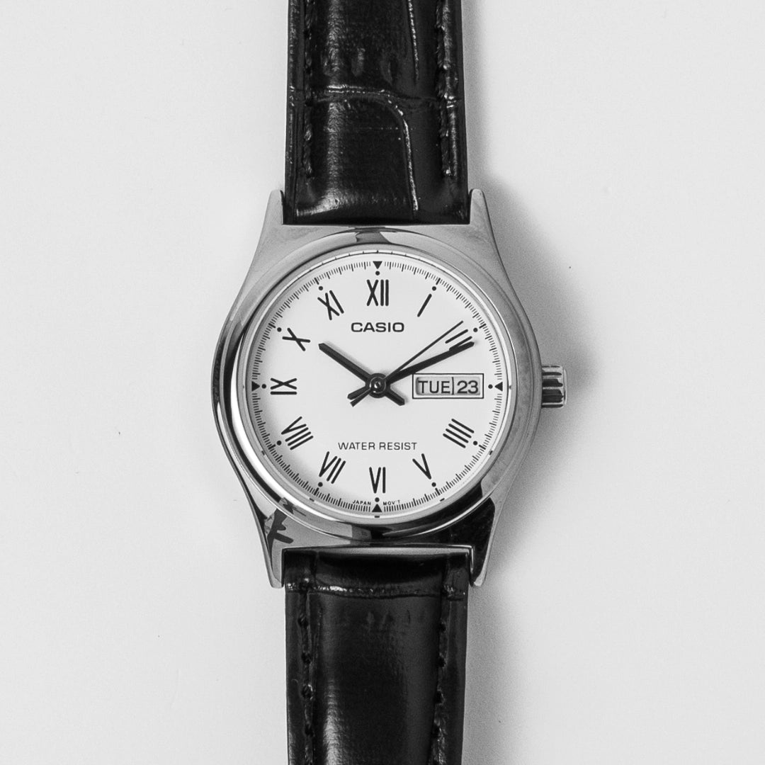 Casio Ladies White Dial Leather Watch LTP-V006L-7B – Day-Date Roman Classic