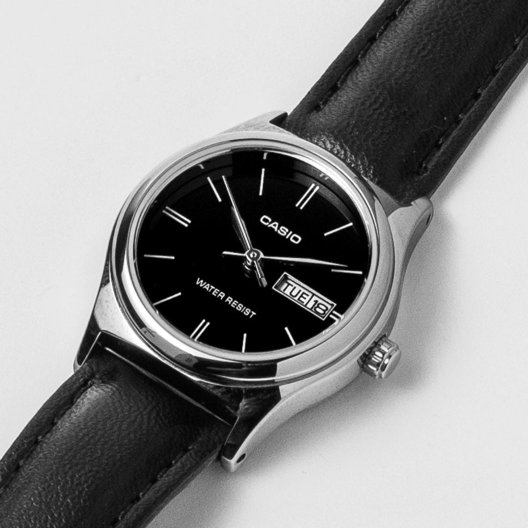 Casio Ladies Black Dial Leather Watch LTP-V006L-1B2 – Day-Date Chrome Case