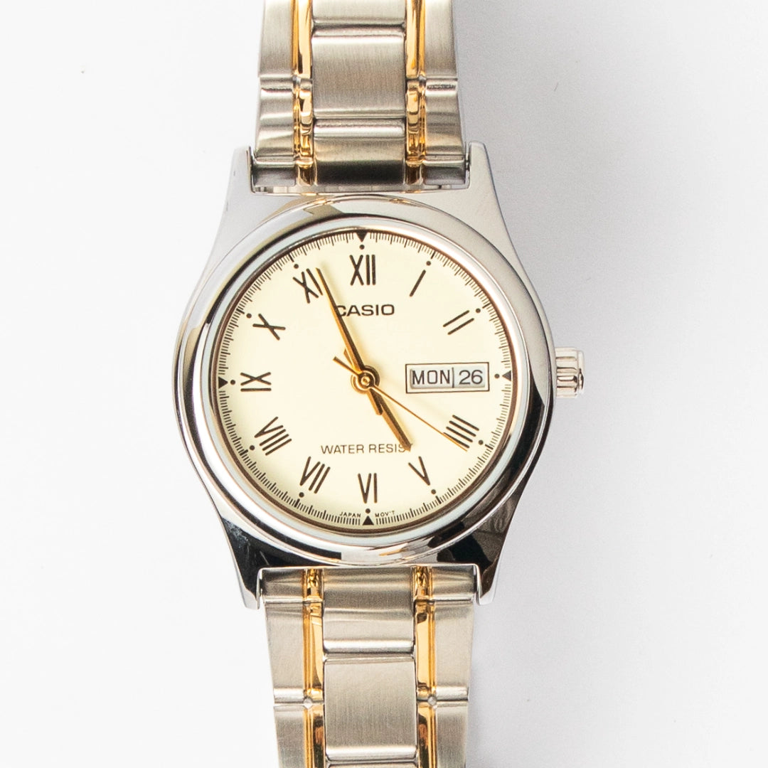 Casio Ladies Two-Tone Stainless Steel Watch LTP-V006SG-9BUDF – Elegant Roman Numeral Dial