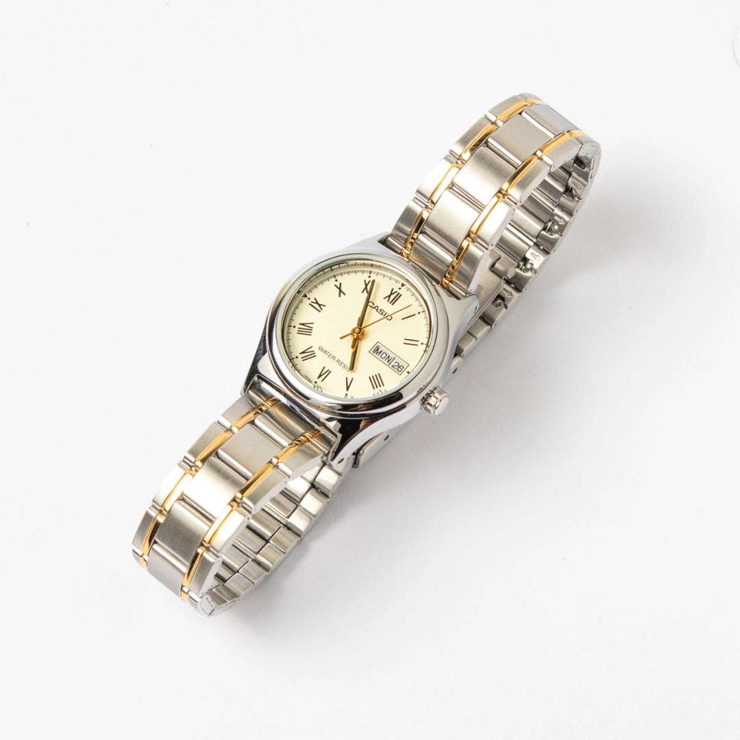 Casio Ladies Two-Tone Stainless Steel Watch LTP-V006SG-9BUDF – Elegant Roman Numeral Dial