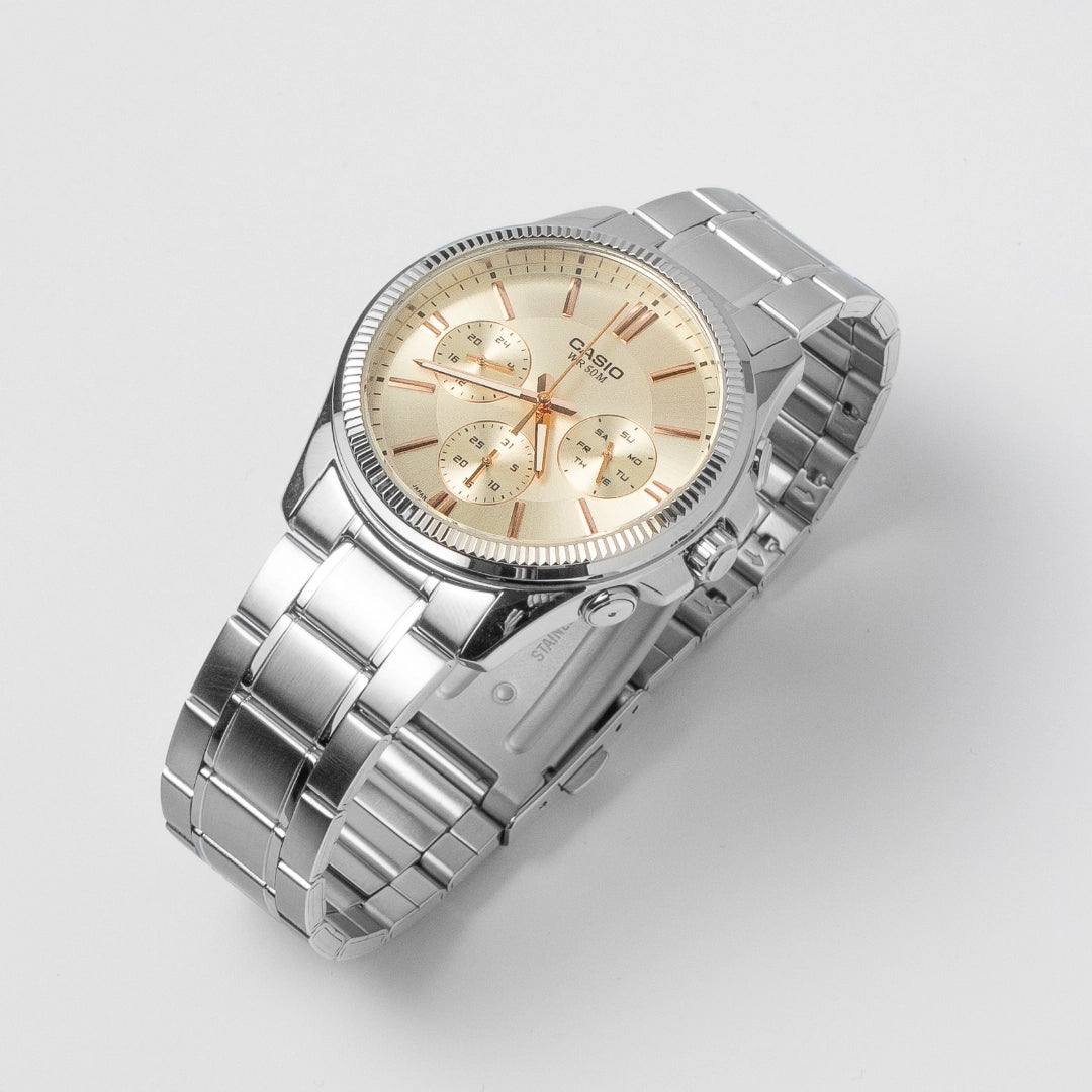Casio Men’s Stainless Steel Multifunction Watch MTP-1375D-7A2 – Elegant Champagne Dial