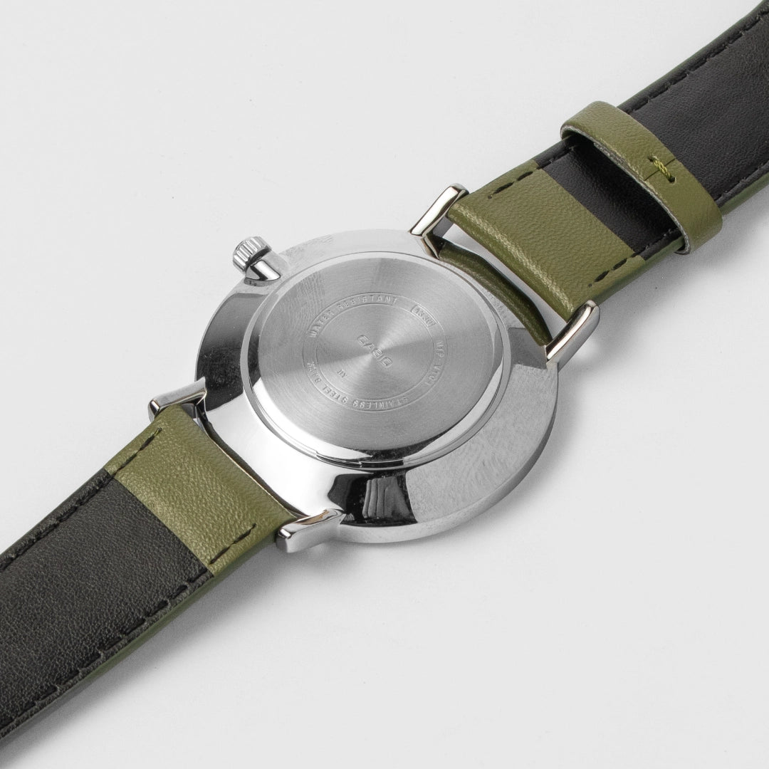 Casio Men’s Champagne Dial Leather Watch MTP-VT01L-3BUDF – Minimalist Olive Strap