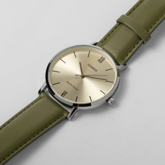 Casio Men’s Champagne Dial Leather Watch MTP-VT01L-3BUDF – Minimalist Olive Strap