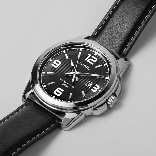 Casio Men's Black Dial Leather Watch MTP-1314L-8AVDF – Date Display, 50M Water Resistance