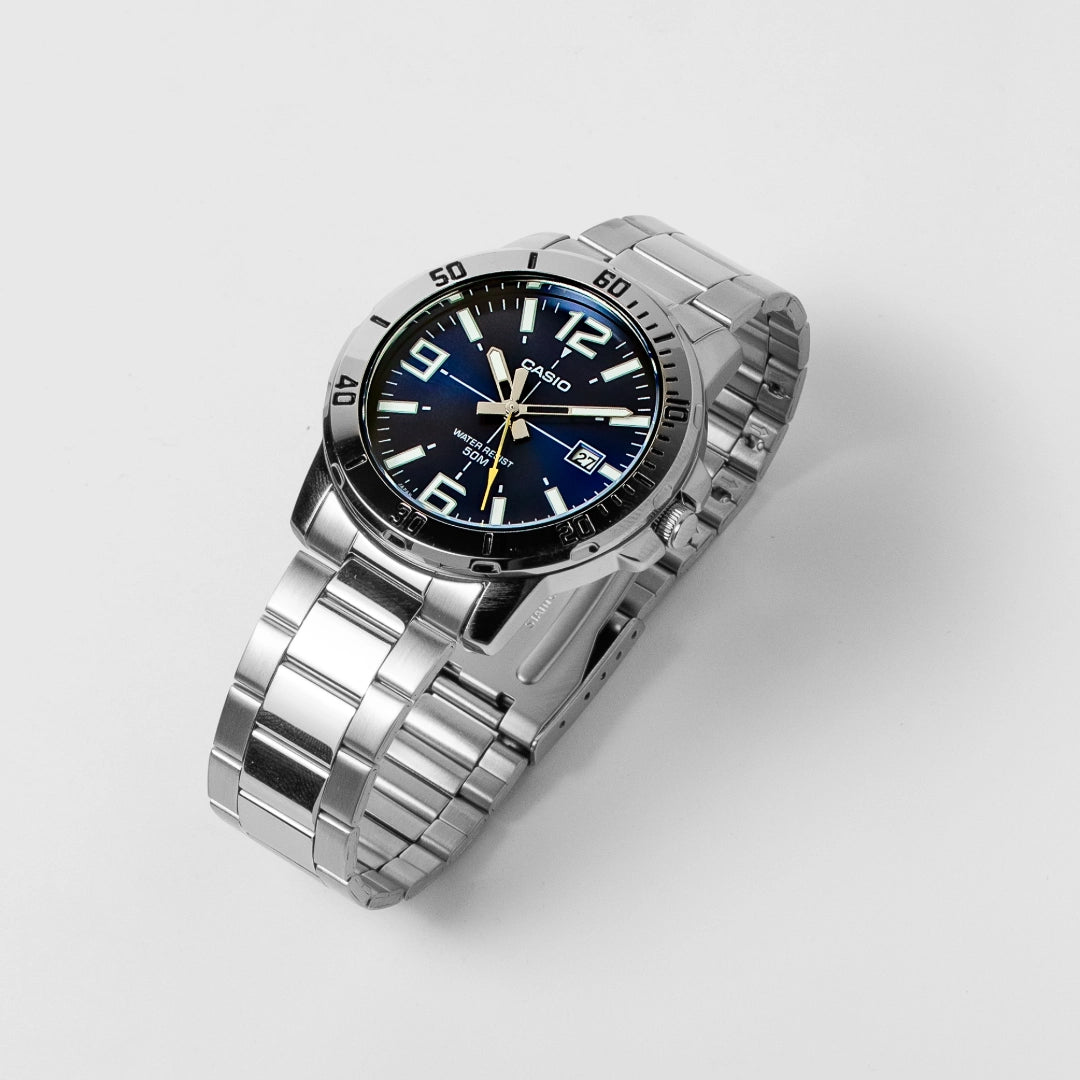 Casio Men’s Blue Dial Stainless Steel Watch MTP-VD01D-2BVUDF – Bold Everyday Timepiece
