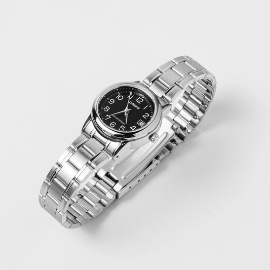 Casio Ladies Stainless Steel Black Dial Watch LTP-V002D-1A – Date Display