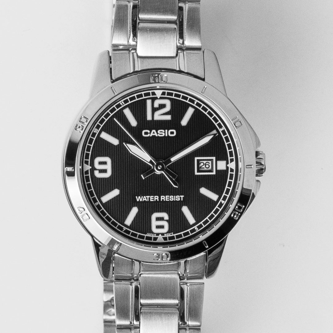 Casio Ladies Black Dial Stainless Steel Watch LTP-V004D-1B2 – Everyday Classic