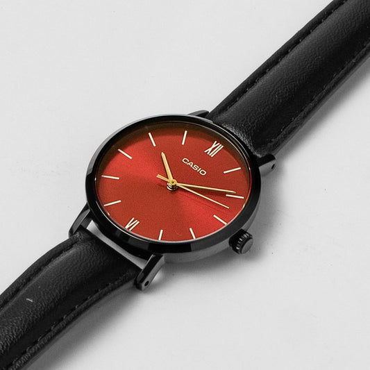 Casio Ladies Red Dial Black Leather Watch LTP-VT02BL-4A – Sleek Ion-Plated Case