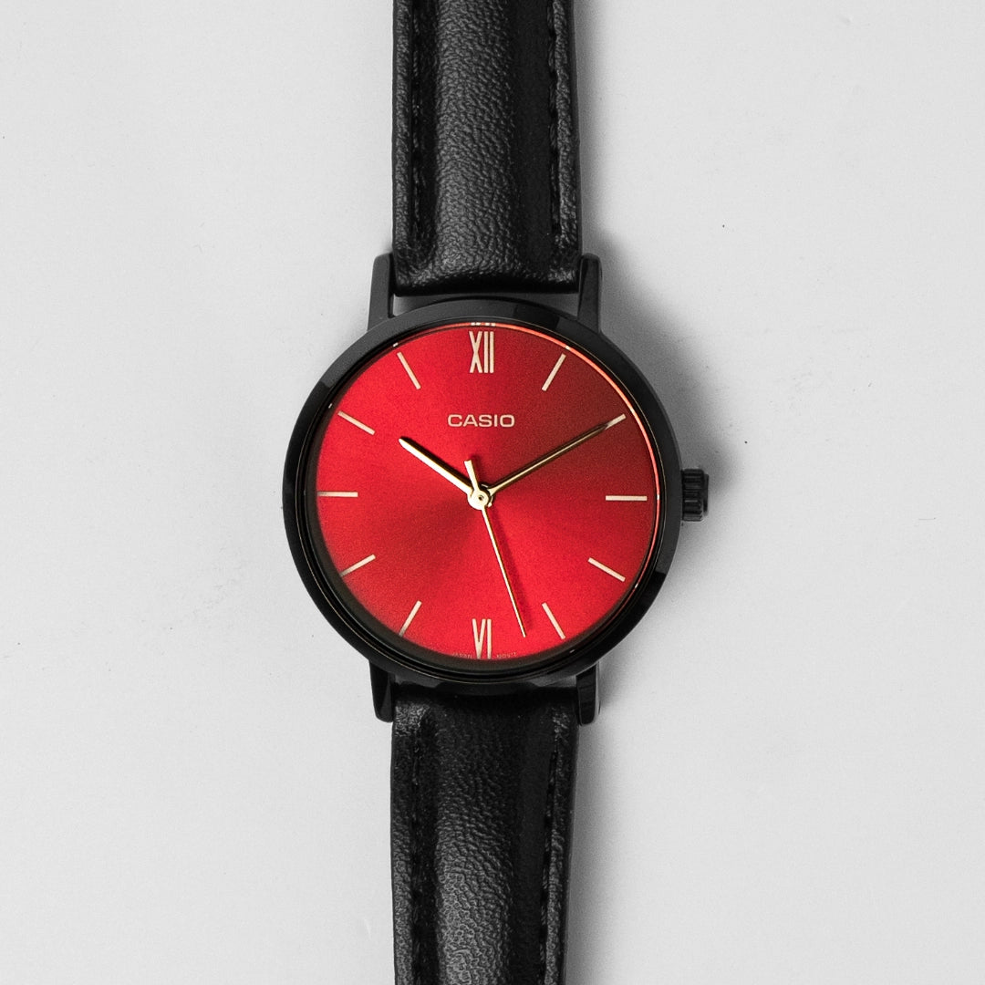 Casio Ladies Red Dial Black Leather Watch LTP-VT02BL-4A – Sleek Ion-Plated Case