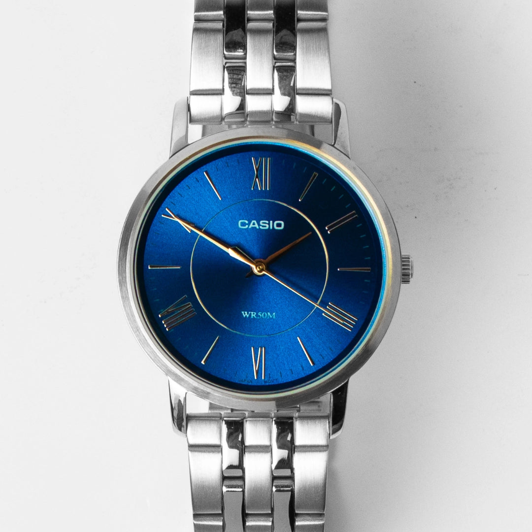 Casio Ladies Blue Dial Steel Watch LTP-B110D-2AVDF – Roman Numerals, 50M Water Resistant