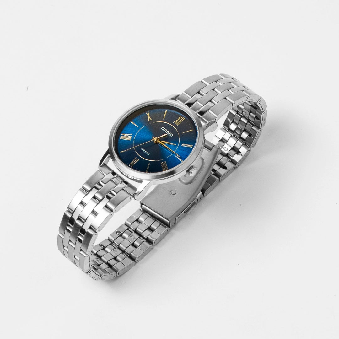 Casio Ladies Blue Dial Steel Watch LTP-B110D-2AVDF – Roman Numerals, 50M Water Resistant
