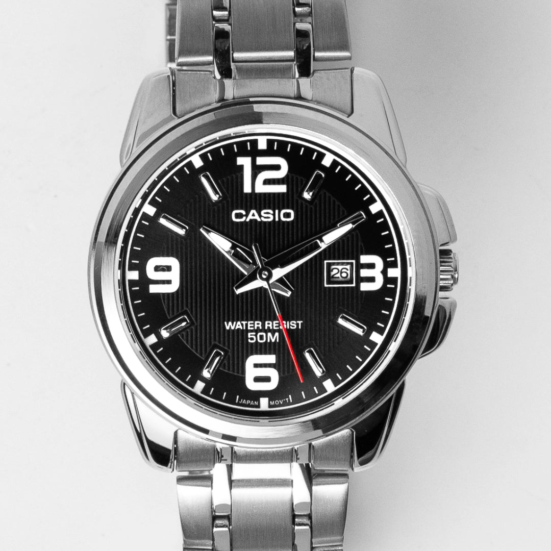Casio Ladies Stainless Steel Watch LTP-1314D-1AVDF – Black Dial, Date Display, 50M Water Resistant