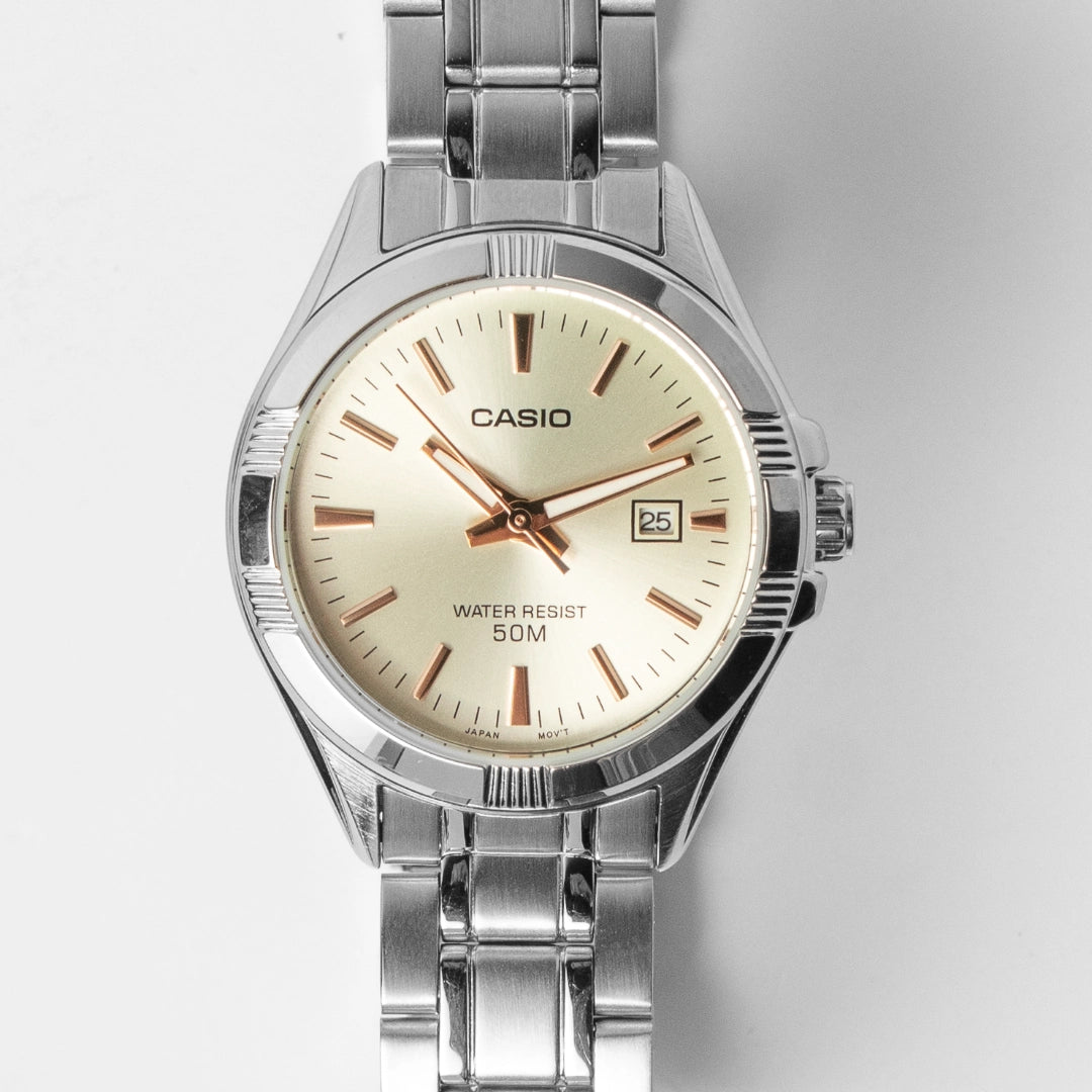Casio Ladies Stainless Steel Watch LTP-1308D-9AV – Champagne Dial, Date Display, 50M Water Resistant