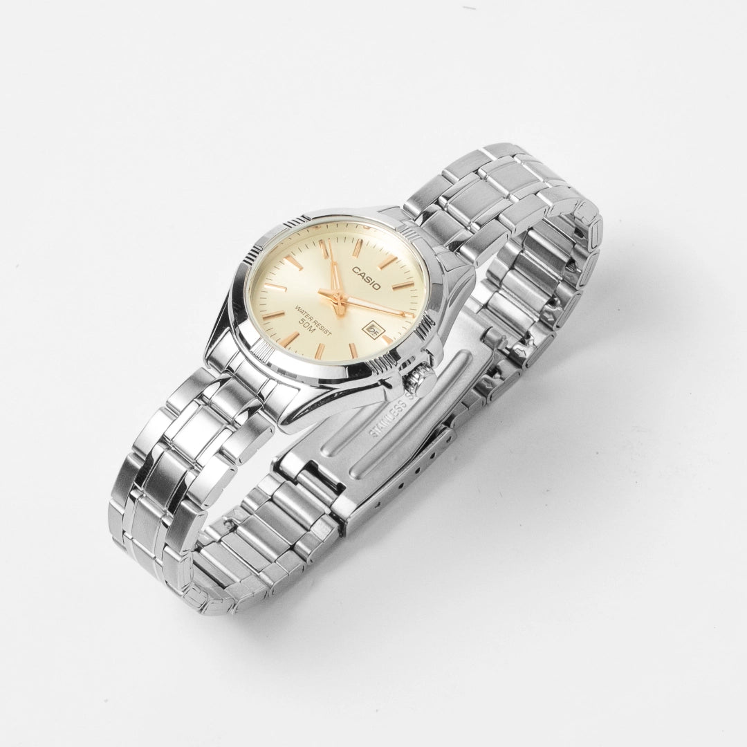 Casio Ladies Stainless Steel Watch LTP-1308D-9AV – Champagne Dial, Date Display, 50M Water Resistant