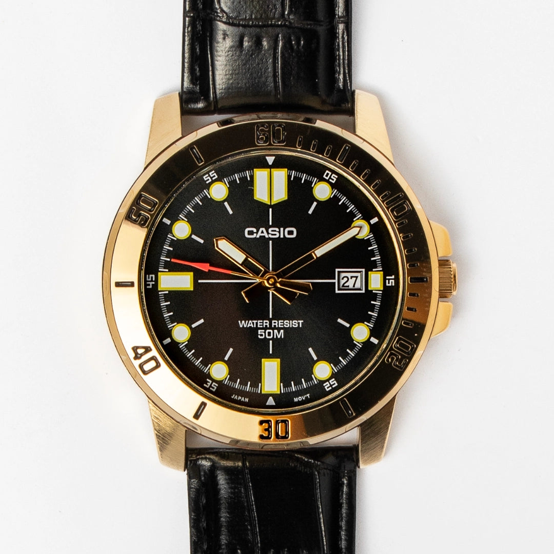 Casio Men’s Black & Gold Leather Watch MTP-VD01GL-1EV – Date, 50M Water Resistant