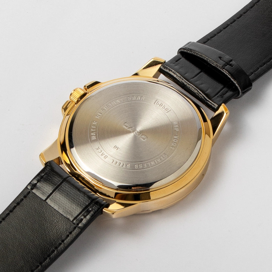 Casio Men’s Black & Gold Leather Watch MTP-VD01GL-1EV – Date, 50M Water Resistant