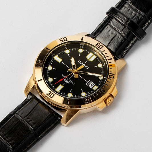 Casio Men’s Black & Gold Leather Watch MTP-VD01GL-1EV – Date, 50M Water Resistant