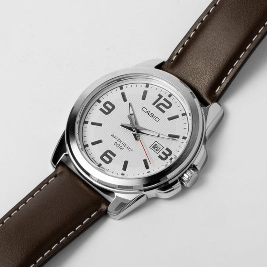 Casio Men’s Big Dial Leather Watch MTP-1314L-7AV – White Face, 50M Water Resistance