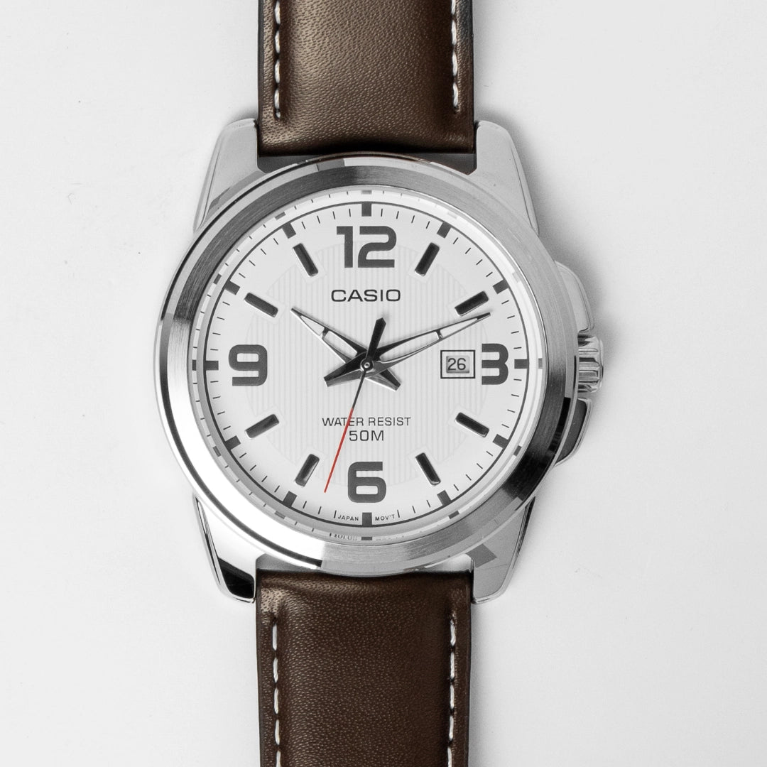 Casio Men’s Big Dial Leather Watch MTP-1314L-7AV – White Face, 50M Water Resistance