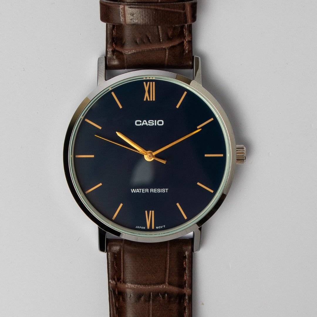 Casio Men’s Slim Blue Dial Watch MTP-VT01GL – Brown Leather Strap, Minimalist Style