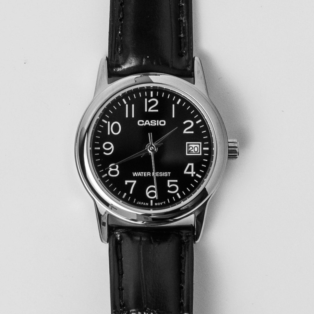 Casio Ladies Black Leather Watch LTP-V002L-1B – Date Display, Classic Design