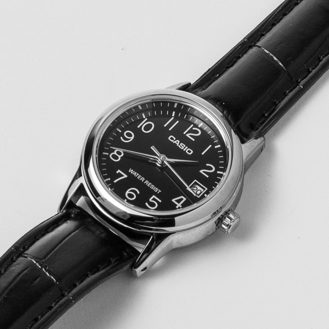 Casio Ladies Black Leather Watch LTP-V002L-1B – Date Display, Classic Design