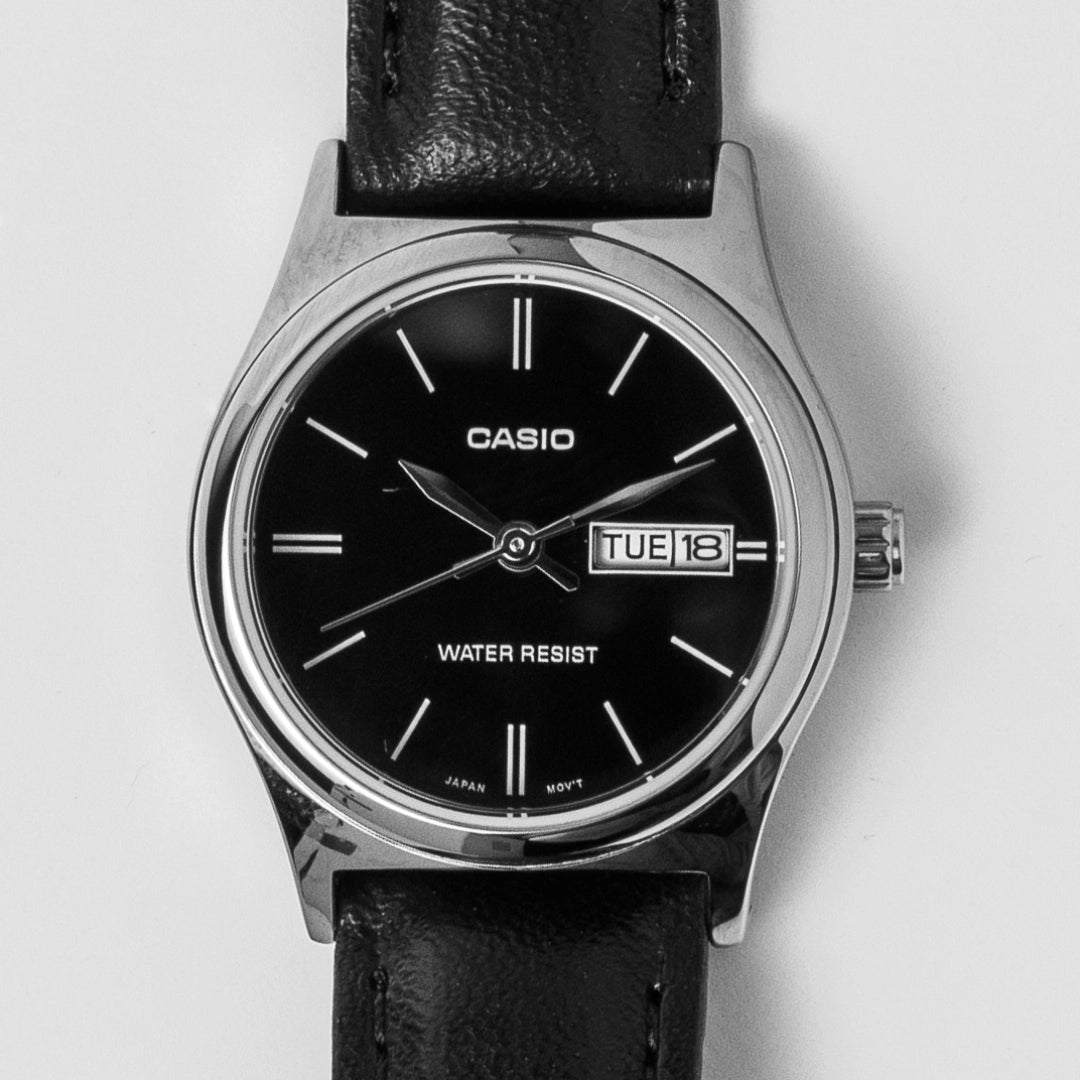 Casio Ladies Black Dial Leather Watch LTP-V006L-1B2 – Day-Date Chrome Case