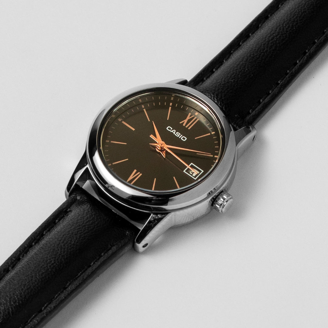 Casio Ladies Black Leather Watch LTP-V002L-1B3 – Elegant Analog Date Display