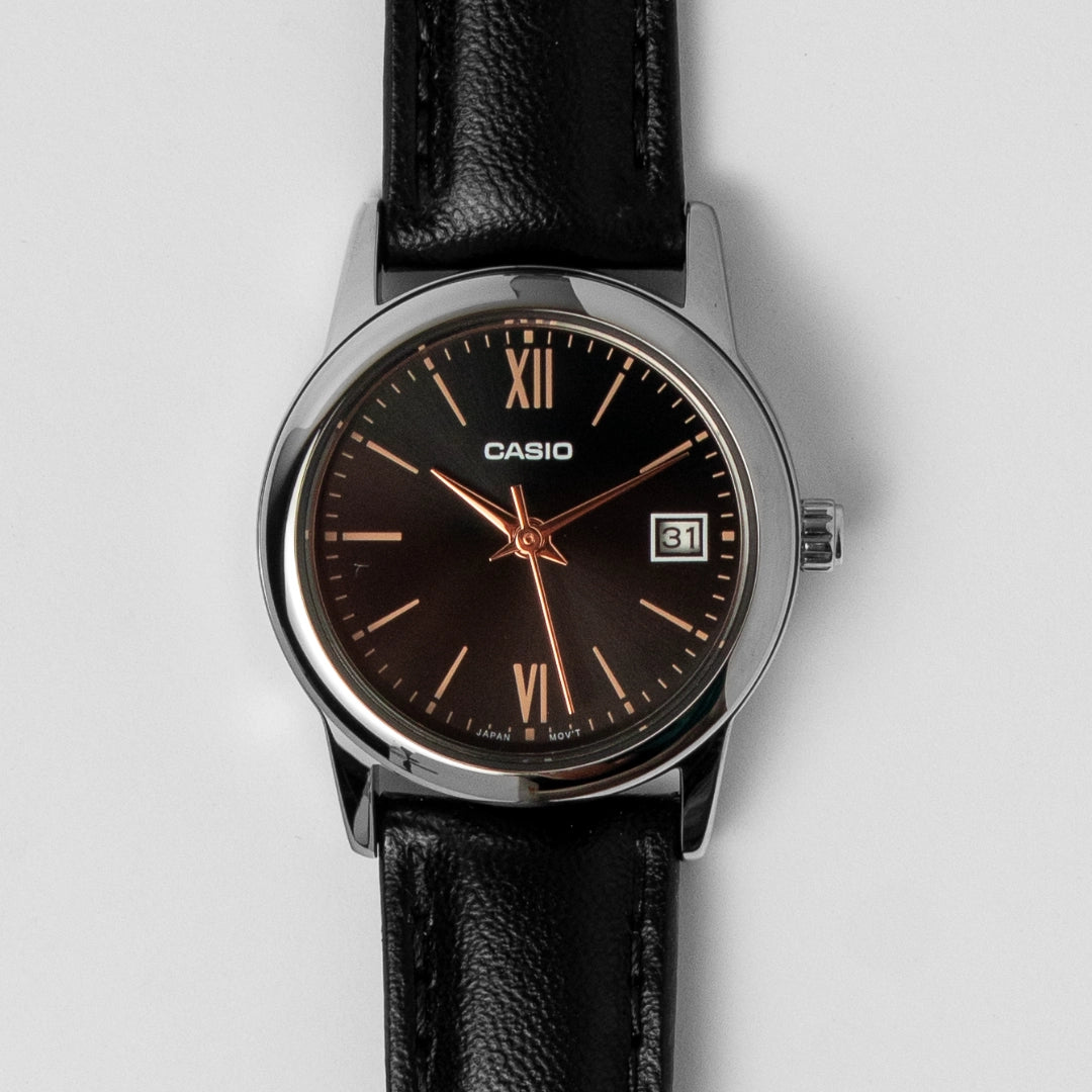 Casio Ladies Black Leather Watch LTP-V002L-1B3 – Elegant Analog Date Display