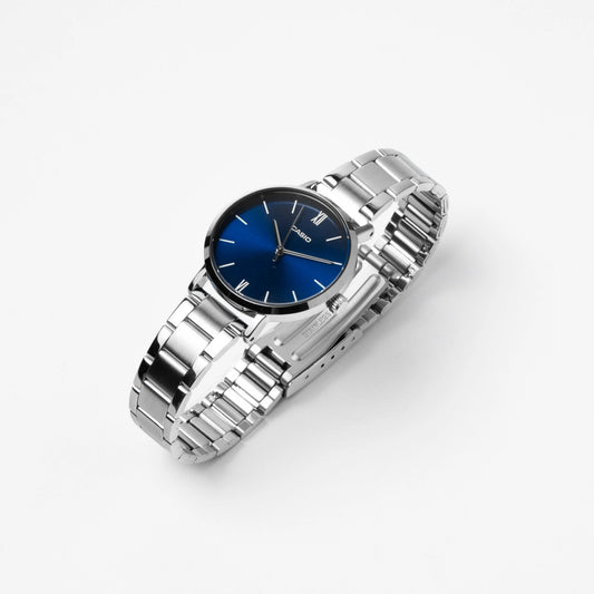 Casio Ladies Stainless Steel Blue Dial Watch LTP-VT02D-2A – Elegant Minimalist Style