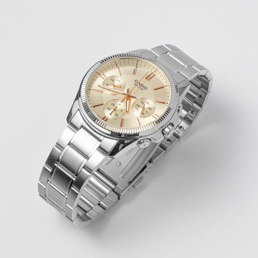 Casio Men’s Stainless Steel Multifunction Watch MTP-1375D-7A2 – Elegant Champagne Dial